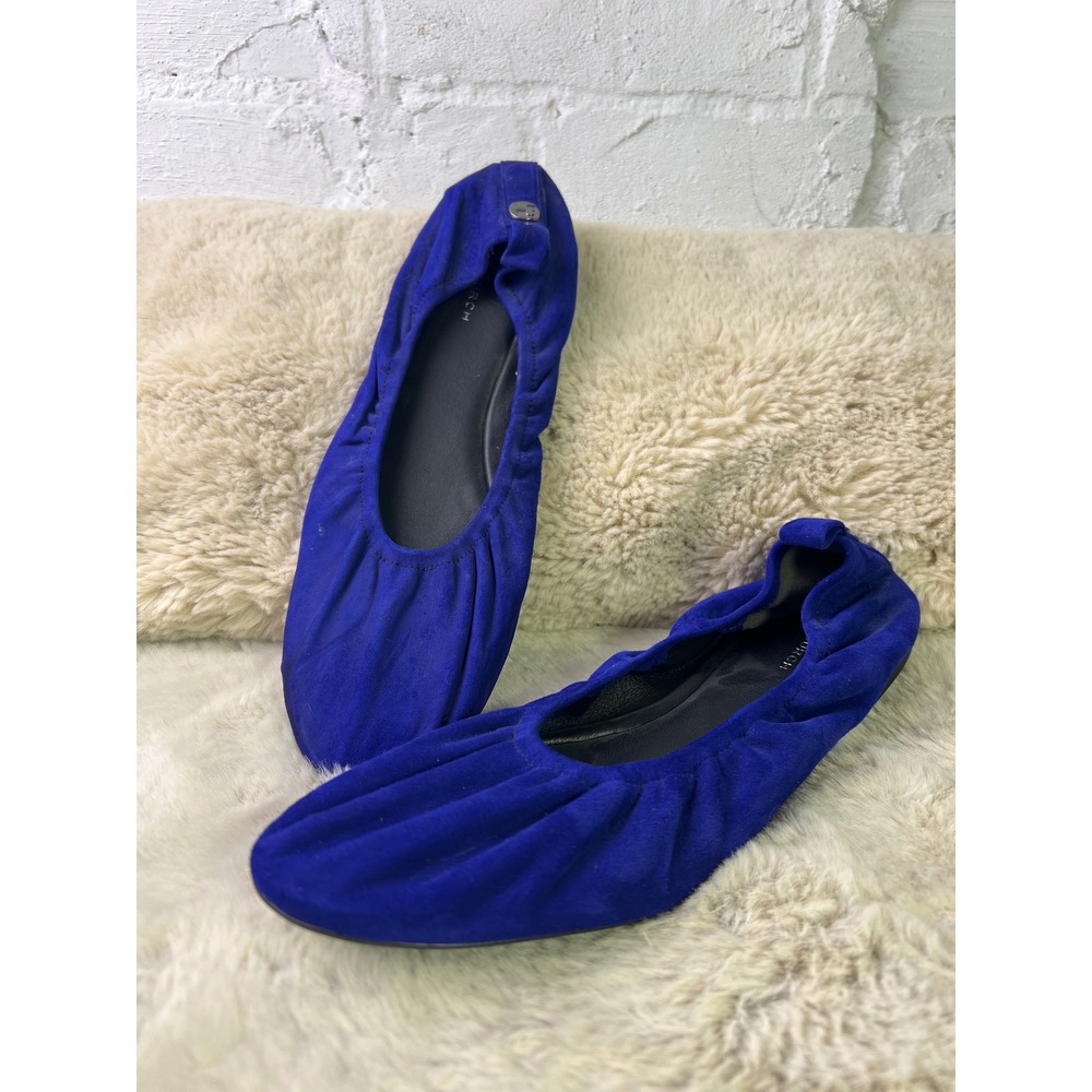 Tory Burch‎ Minnie Travel Ballet Flats Royal Blue Suede Ruched Foldable Womens 8